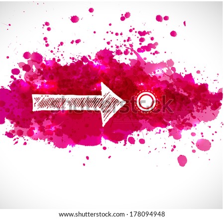 White sketch arrow and bright abstract red splashes on white background. 