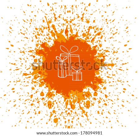 Sketch of gift boxes and bright orange splashes on white background. Vector illustration.