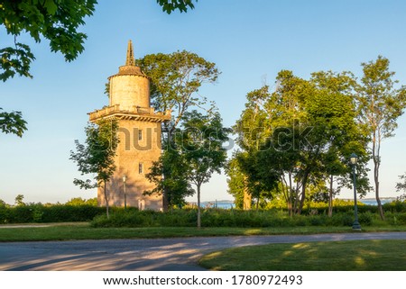 Beautiful view of the historic water tower in  Harkness Memorial State Park, Connecticut, USA, on sunset