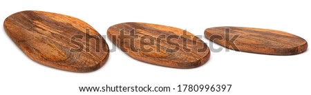 Wooden chopping Board isolated on white. Set of wood Cutting Boards in different angles shots in collage for your design. Kitchen board oval form. Royalty-Free Stock Photo #1780996397