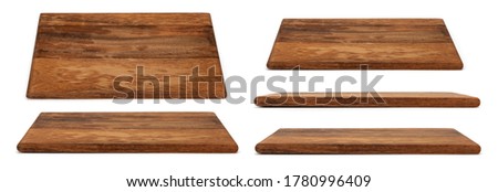Wooden chopping Board isolated on white. Set of Cutting Boards in different angles shots in collage for your design. Wood kitchen board rectangle form. Royalty-Free Stock Photo #1780996409