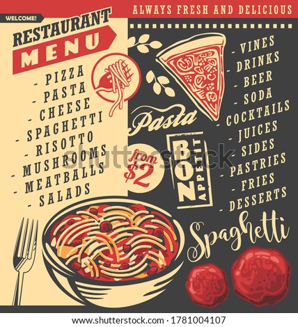 Diner menu with spaghetti dish, pizza pie, meatballs and fork. Restaurant menu blackboard design. Food and drink theme.