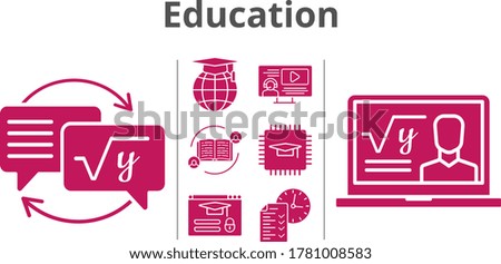education icon set. included feedback, chip, professor, instructor, test, homework, school, login icons. filled styles.