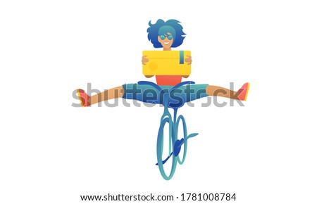 Cheerful girl courier on a bicycle with a box. Woman courier rides with his legs in different directions smiling broadly. Home delivery concept.