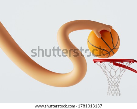 3d render, cartoon character flexible hand holds ball above basket, isolated on white background. Basketball player successful shot layup. Sport clip art