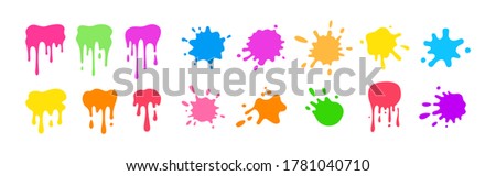 Paint splash shape colorful set. Round ink splatter flat collection, decorative shapes liquids. Grunge splashes, drops, spatters cartoon style. Stain colored collection. Isolated vector illustration