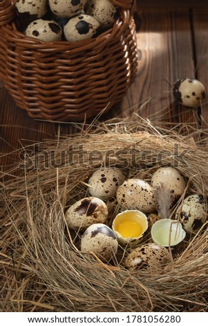 Several quail eggs in a decorative nest of straw and in a basket on a wooden table, vertical image, flatlay