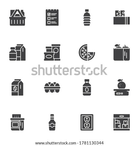 Grocery vector icons set, modern solid symbol collection, filled style pictogram pack. Signs, logo illustration. Set includes icons as shopping basket, dairy products, egg, fruit package, water bottle