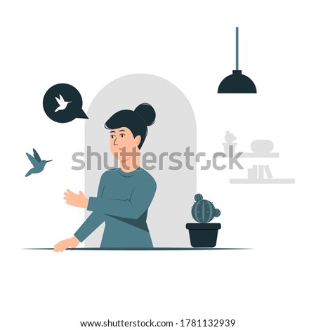 Concept illustration vector graphic design of a women talking with bird. filled style flat design. Vector Design Elements. Great for your business, web, mobile app, ect.