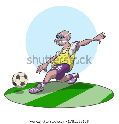 Сartoon old football players. A team of funny older people in an amateur match. Sport club of interest. Vector banner, poster, template on isolated background.