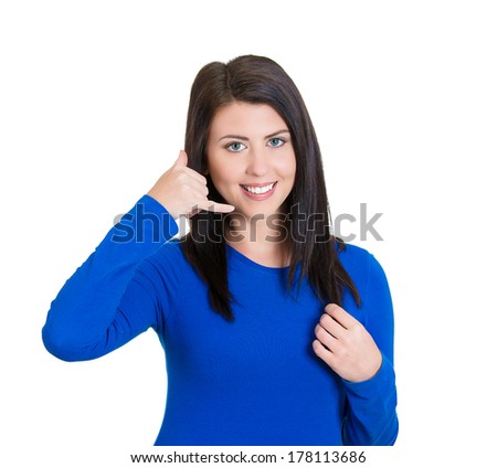 Closeup portrait, picture of beautiful young, smiling woman, student, employee, worker, making call me gesture, sign, isolated on white background. Human face expressions, emotions, attitude, reaction