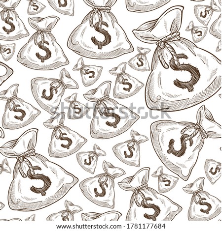 Savings in cloth bag tied with rope seamless pattern. Symbol of investment or finances, money in container. Economy or profit making, cash treasure. Monochrome sketch outline, vector in flat style