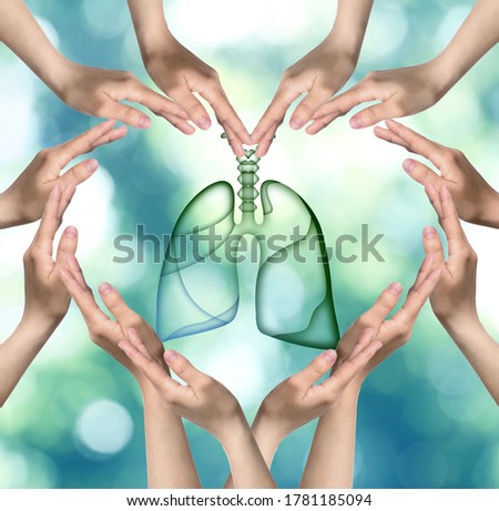 World Tuberculosis Day and No Tobacco campaign. People surrounding lungs illustration, making heart shaped frame with hands Royalty-Free Stock Photo #1781185094