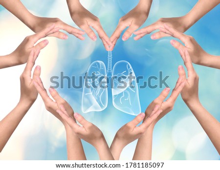 World Tuberculosis Day and No Tobacco campaign. People surrounding lungs illustration, making heart shaped frame with hands Royalty-Free Stock Photo #1781185097