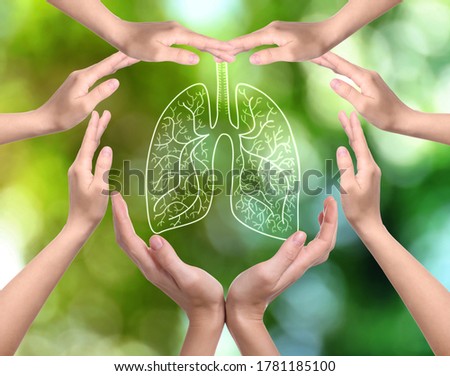 World Tuberculosis Day and No Tobacco campaign. People surrounding lungs illustration, making heart shaped frame with hands Royalty-Free Stock Photo #1781185100