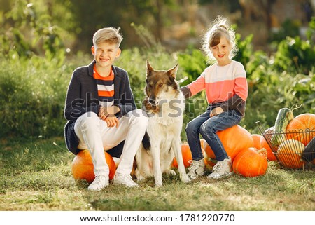 Family in a garden. Children with pumpkins. Kids playing with dog