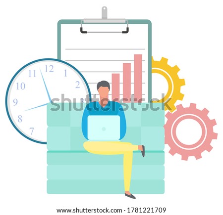 Freelancer man working at home with laptop on sofa. Guy sitting on the couch. Independence and freedom. Time management and schedule vector illustration