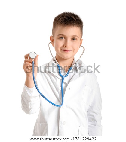 Cute little doctor on white background