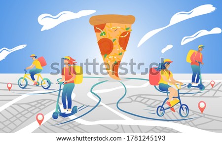 Young couriers ride transport delivering pizza against the background of a conceptual map and the sky. Big slice of pizza on a backgroud the clouds. Fast delivery concept by moped, electric scooter.
