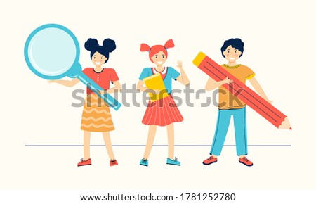 Schoolchilds are holding a textbook, pencil and magnifying glass. Back to school. Happy boy and girls are learning. Children education. Cartoon characters for children. Hand drawn vector illustration