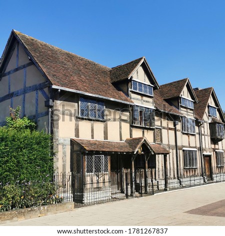 The exterior of Shakespeare's house in the UK, on a sunny day.  Royalty-Free Stock Photo #1781267837