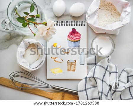 Cooking for homemade cakes. Close-up, view from above, wooden surface. Delicious and healthy food concept