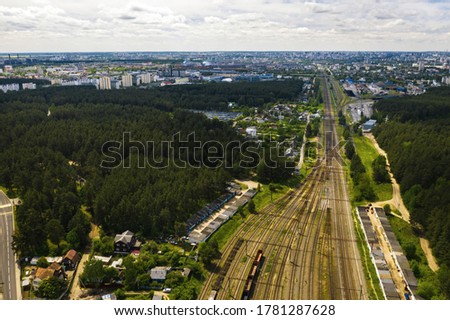 aerial photography of railway tracks and cars.Top view of cars and Railways.Minsk.Belarus