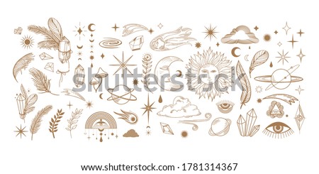 big hand drawn set of celestial bodies and mystic magical elements in vintage boho style. illustration for flash tattoo, sticker, patch or print design. Vector vintage boho elements Royalty-Free Stock Photo #1781314367