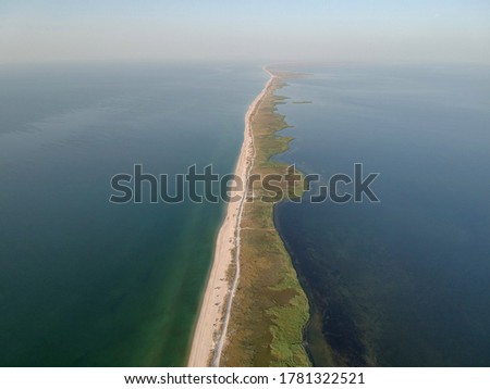 Aerial summer view of empty Beach of Azov Sea, Ukraine. Drone photo.