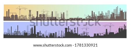 Industry, factory and manufacture landscape vector illustrations. Cartoon flat industrial panoramic area with manufacturing plants, power stations, warehouses, cooling tower silhouettes background Royalty-Free Stock Photo #1781330921
