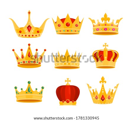 Golden crown vector illustration set. Cartoon flat gold royal medieval collection of monarchy symbols, crown on head for king, emperor or queen isolated on white