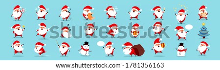 Santa Claus big Christmas and New Year set. Set of funny cartoon Santa with different emotions and situations. Vector illustration isolated on light blue background Royalty-Free Stock Photo #1781356163