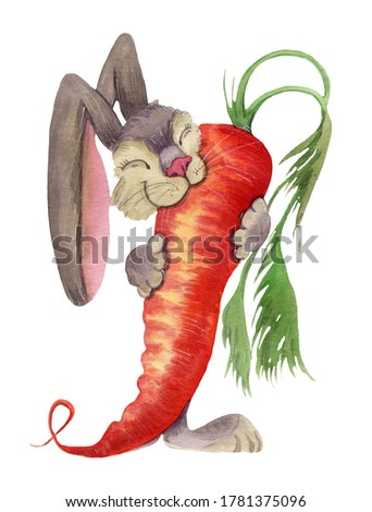 Watercolor hand-painted illustration of a cute rabbit hugging a crunchy carrot