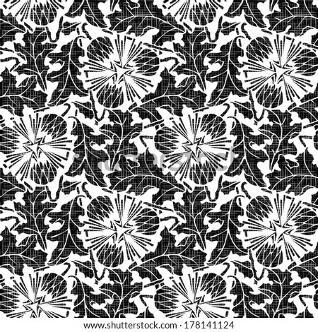 Floral seamless pattern with hand drawn flowers. Black and white