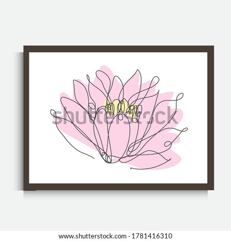 Decorative continuous line drawing lotus flower, design element. Can be used for wall prints, cards, invitations, banners, posters, print design. Minimalist line art. Wall decor