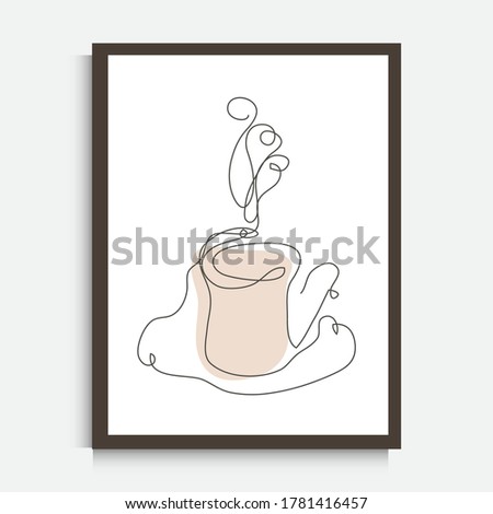 Decorative continuous line drawing coffee tea cup, design element. Can be used for wall prints, cards, invitations, banners, posters, print design. Minimalist line art. Wall decor