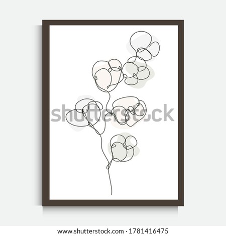 Decorative continuous line drawing cotton plant, design element. Can be used for wall prints, cards, invitations, banners, posters, print design. Minimalist line art. Wall decor