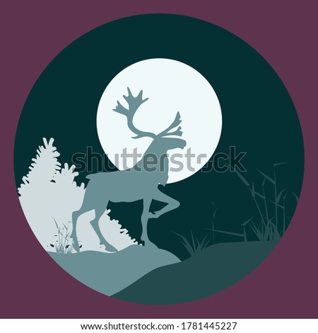 illustration of silhouettes in paper-cut style without shadows, reindeer in side view with big beautiful antlers, grass, pine trees, moon on the background, in a round purple frame