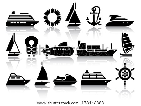 Set of Water transport black icons with reflection, vector illustrations