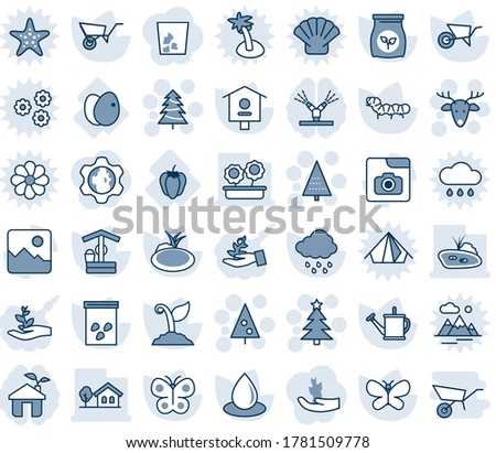 Blue tint and shade editable vector line icon set - christmas tree vector, deer, watering can, wheelbarrow, sproute, butterfly, water drop, rain, well, seeds, caterpillar, pond, bird house, eggs