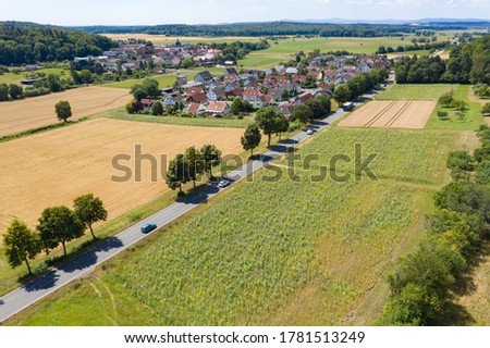 Bird's eye view of sunflower fields and a village in the Wetterau / Germany
