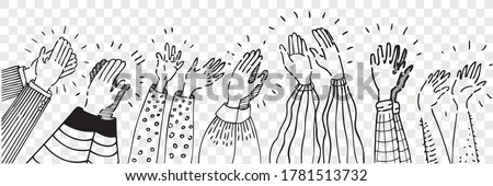 Hand drawn clapping human hands doodle set. Collection pencil chalk drawing sketches men women raising arms making applause isolated on transparent background. Greeting celebration or ovation. Royalty-Free Stock Photo #1781513732