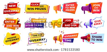 Giveaway banner with megaphone. Loudspeaker announcement of competition. Winning prizes in contest, giving gifts. Share to win post in social media. Marketing and advertising vector illustration Royalty-Free Stock Photo #1781533580