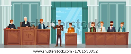 Judicial process. Public hearing and criminal procedure in court or tribunal with judges, lawyer and jury. Courtroom interior vector concept. Attorney giving speech to judge, convict sitting Royalty-Free Stock Photo #1781533952