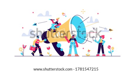 Refer a friend with big megaphone and small business people, news, social network, landing page, mobile template, teamwork, social media, vector illustration.