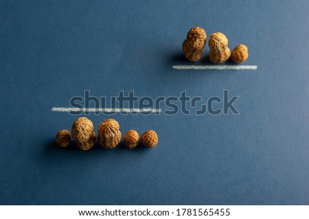 Family of peanuts separated by a line, on a plain blue background. Social distancing
