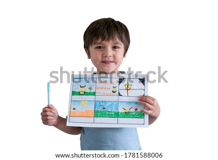 Preschool boy showing his drawing on paper, Active 5-6 years kid with proud face holding his painting bee on field for his school homework,  Smiling little child holding picture of bee and flowers.