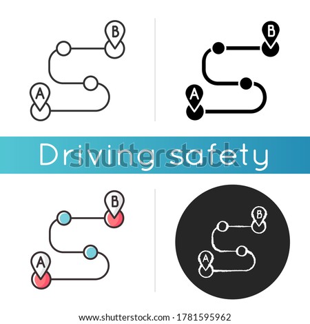 Route planning icon. Driving safety precaution, GPS navigation system. Linear black and RGB color. Finding safe route, destination tracking function. Isolated vector illustrations