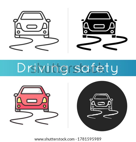 Stability control icon. Traffic safety, dangerous road. Linear black and RGB color. Car protection, security measure. Skidding auto on slippery surface isolated vector illustrations