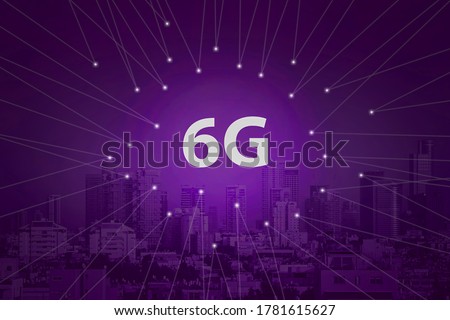 6G technology. Conceptual abstraction. Modern city and communication 6g network, smart city. Purple tone city scape and network connection concept.